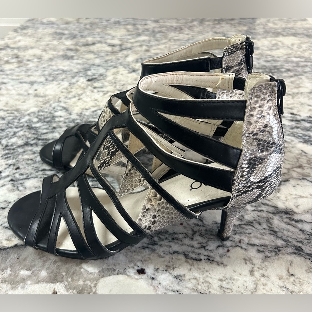 Ashro Black Strappy Heels with Snake-Print Accents